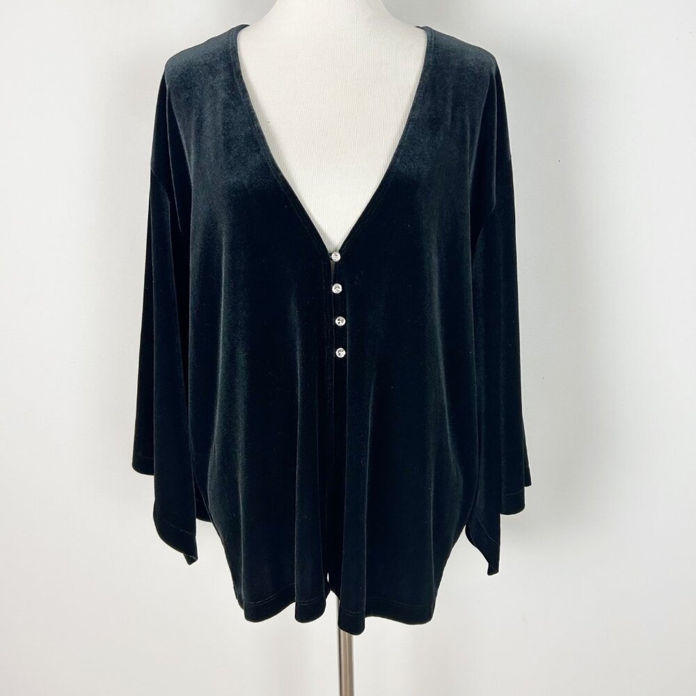 Chico's Black Velvet Cardigan Kaftan Sleeves Rhinestone Button Sz 2 Large Womens